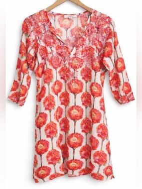 Amaya Pink White Hand Embroidered Peony Floral Split Neck Lightweight Dress 38/S